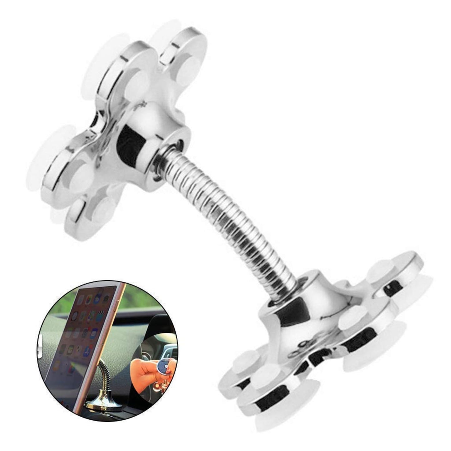 CircuitPulse VIP Suction Cup Car Mobile Stand – Chrome Silver | 360° Rotating Double-Sided Flower Holder for Smartphones