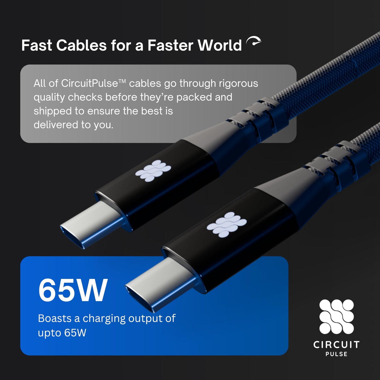 CircuitPulse 1m Braided USB-C to USB-C Cable | 65W Fast Charging 3A Output & 480Mbps Data Sync, Tangle-Resistant for Smartphones, Laptops, Tablets
