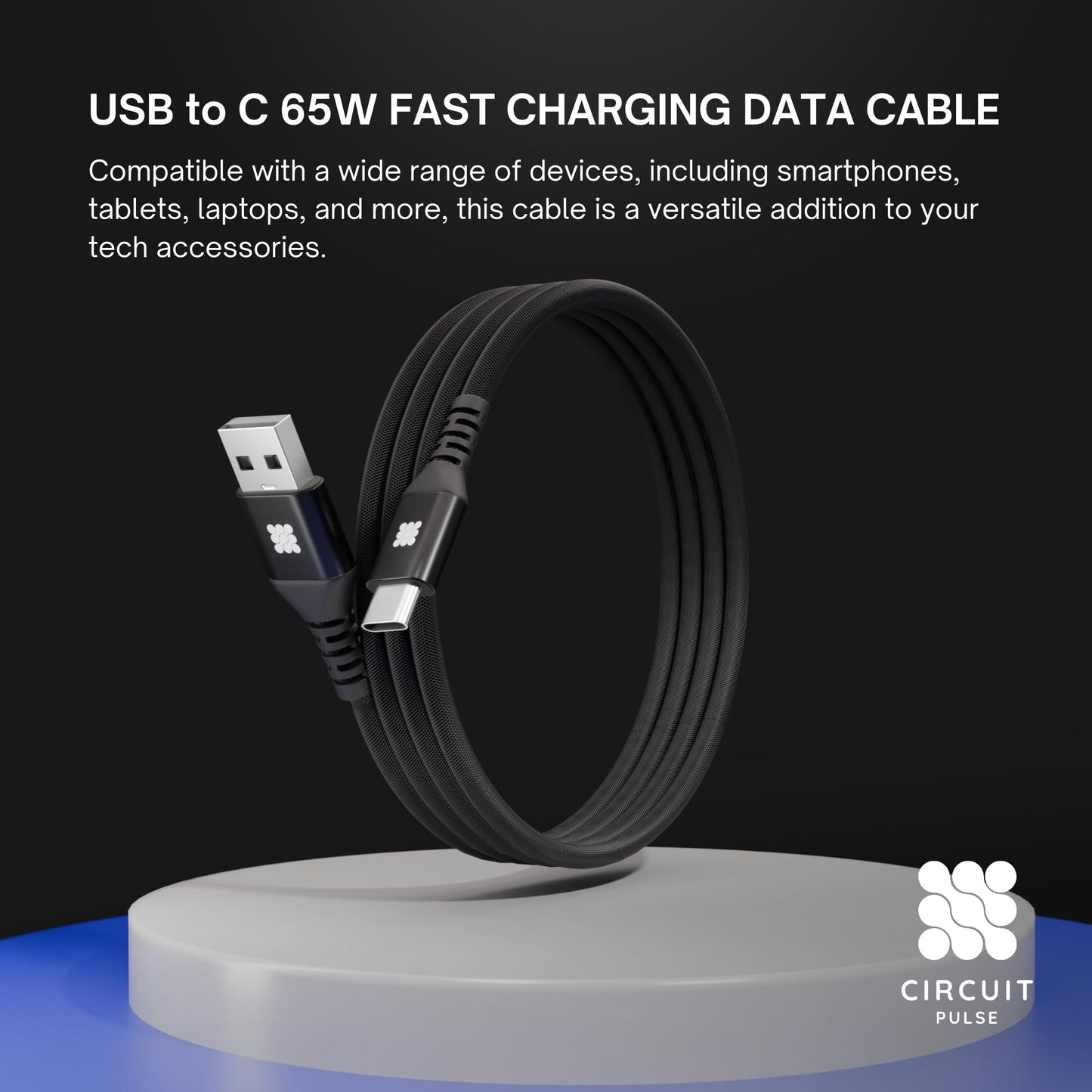 CircuitPulse 1m USB-C Cable 65W Braided Nylon | Quick Charge 3.0 Power Delivery & 480Mbps Data Sync, Tangle-Free Durable Charging Cord for Smartphones & Laptops