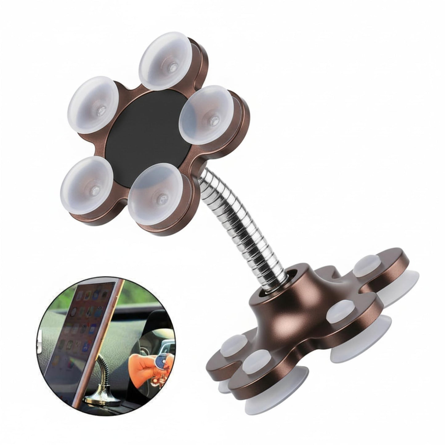 CircuitPulse VIP Suction Cup Car Mobile Stand – Royal Bronze | 360° Rotating Double-Sided Flower Holder for Smartphones