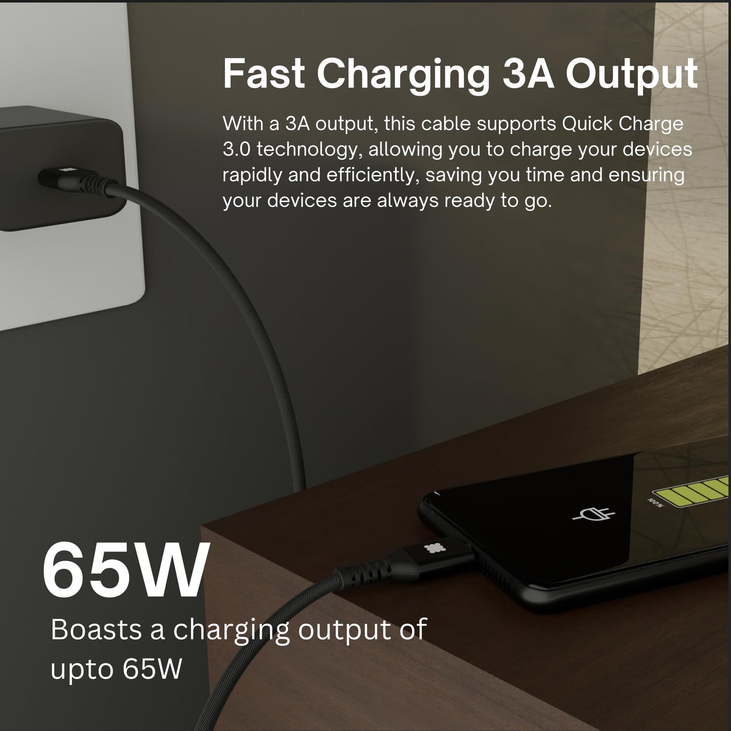 CircuitPulse 1m USB-C Cable 65W Braided Nylon | Quick Charge 3.0 Power Delivery & 480Mbps Data Sync, Tangle-Free Durable Charging Cord for Smartphones & Laptops