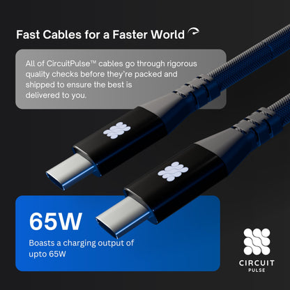 CircuitPulse 1m Braided USB-C to USB-C Cable | 65W Fast Charging 3A Output & 480Mbps Data Sync, Tangle-Resistant for Smartphones, Laptops, Tablets
